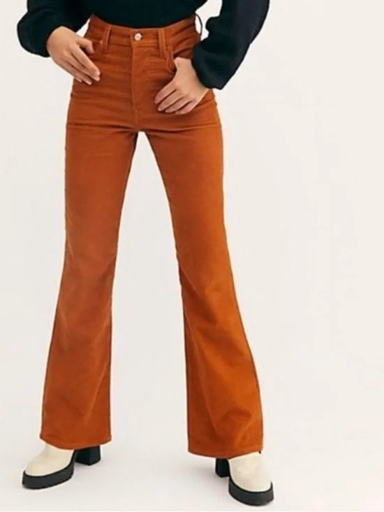 Levi's Premium Ribcage Flare Corduroy Pants Burnt Orange Rust High Rise Size 24 - Picture 2 of 15